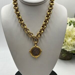 Susan Shaw Designer Mixed Metal Italian Intaglio Coin Double Chain Link Necklace